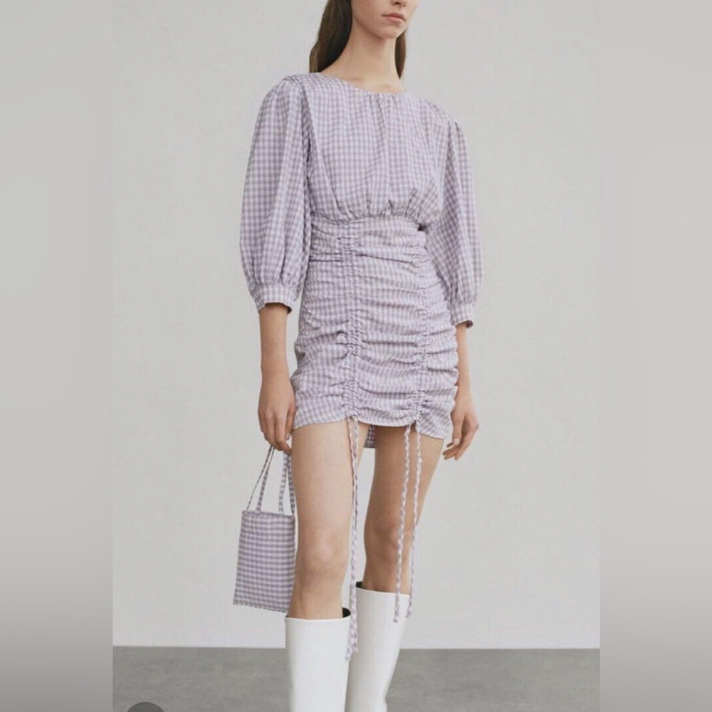 Zara Lilac Purple White Gingham Check Puff Sleeve Ruched Hem Mini Dress